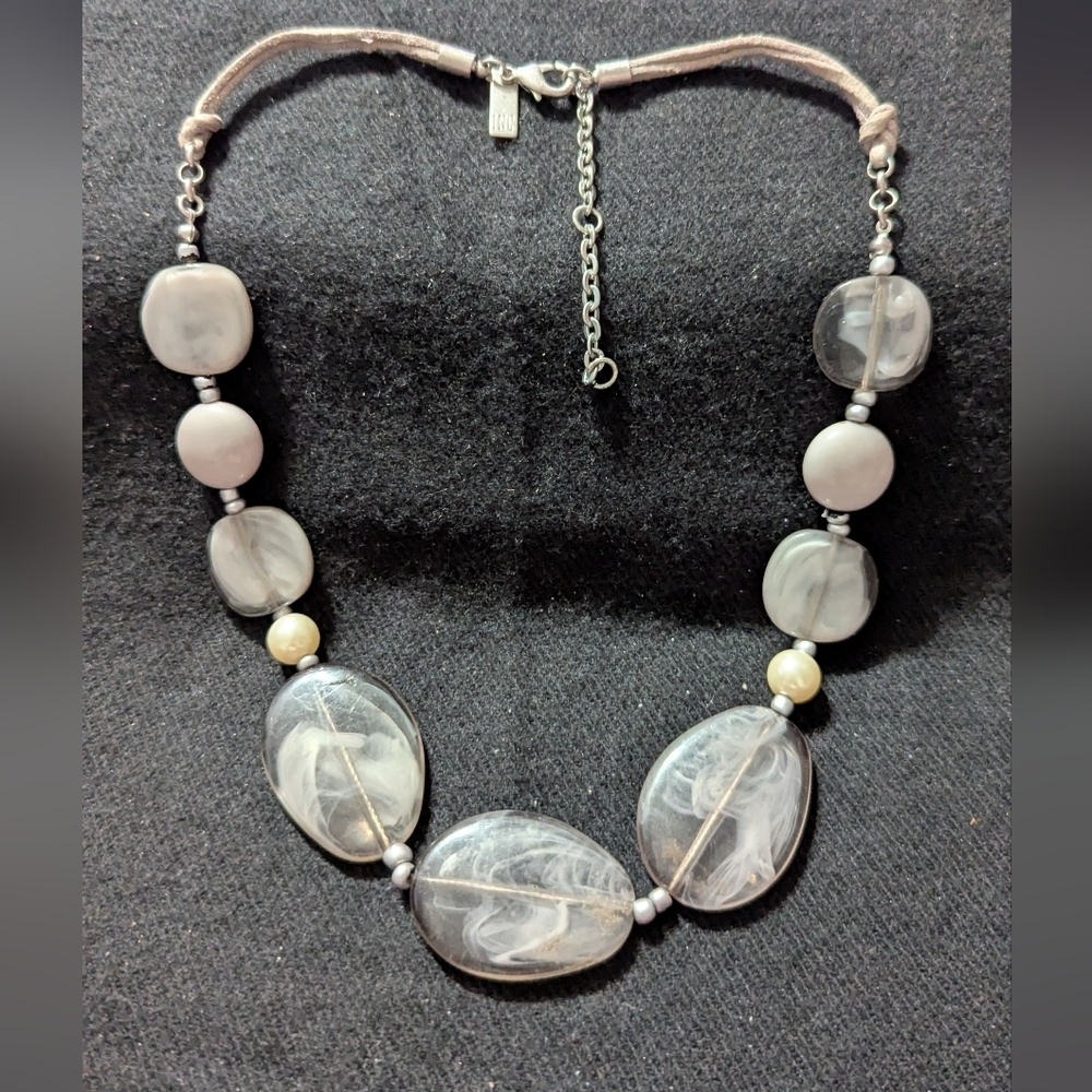 INC Silver Tone Gray Swirl Chunky Beaded Statement Necklace